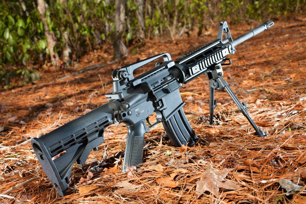 19805786 - semi automatic black rifle on a pine needle and forest background