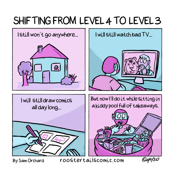 The cartoon Sam Orchard created when the country moved from Level 4 lockdown to level 3.