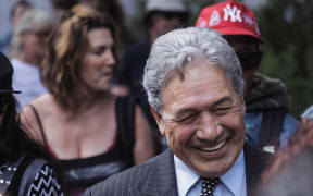 Winston Peters talks to protesters outside Parliament on 22 February 2022.