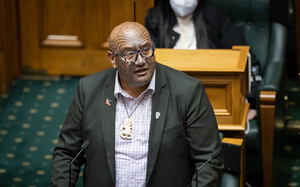 Rawiri Waititi addresses iwi members in the Debating Chamber gallery for debate of a treaty settlement bill