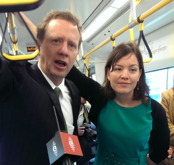 Green Party co-leader Russel Norman and transport spokesperson Julie Anne Genter made the policy announcement aboard an electric train in Auckland.