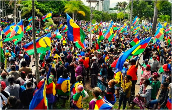 Tens of thousands of pro-independence supporters with Kanaky flags gathered on Nouméa's Coconut Square on Saturday 13 April 2024.