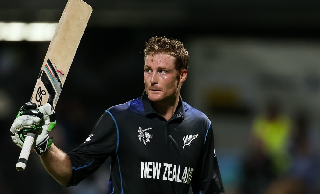 Martin Guptill acknowledges the crowd after scoring a century.
