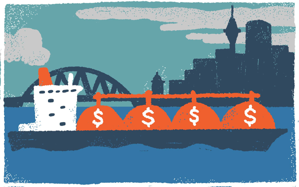 Stylised illustration of a natural gas tanker ship with Auckland skyline in background.