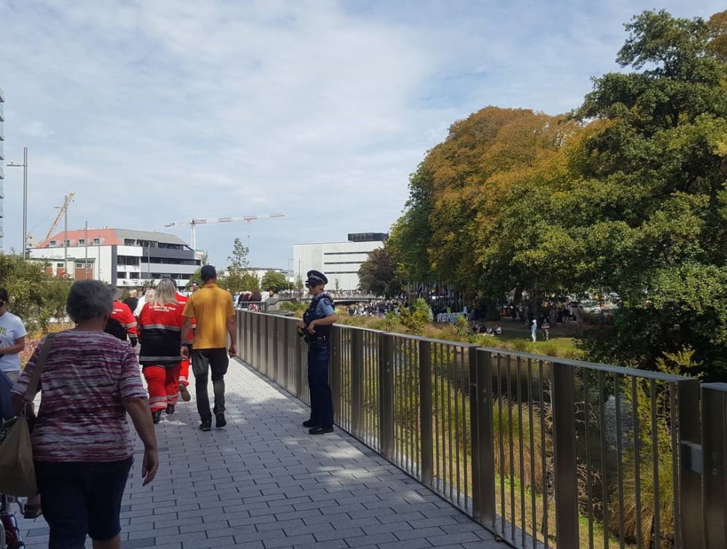 Crowds begin to gather at the Canterbury Earthquake Memorial ahead of the 10 year anniversary service.