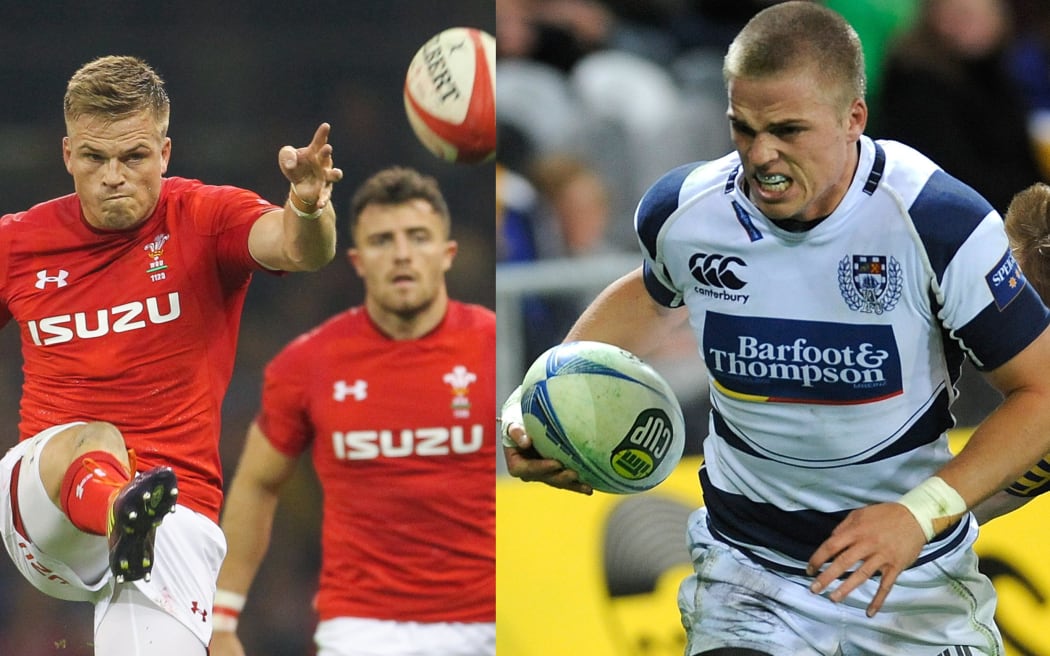 Gareth Anscombe playing for Wales in 2018 and Auckland in 2012.