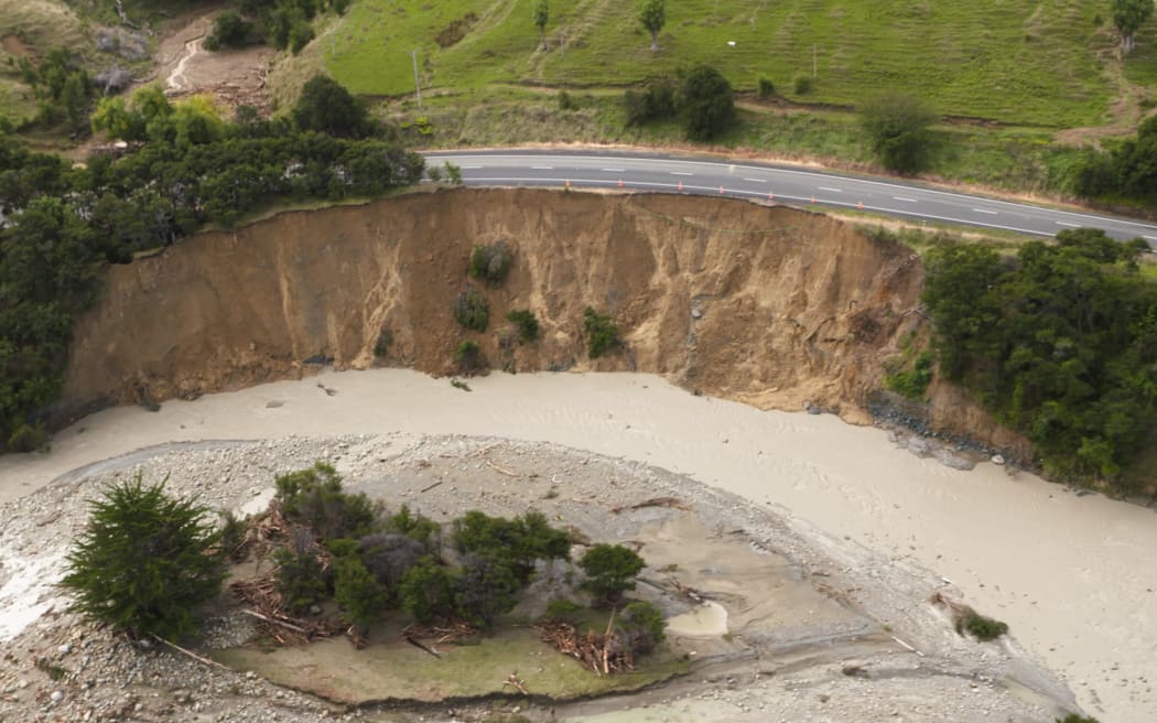Mangahauini River eats away at State Highway 35 near Tokomaru Bay