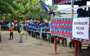 Voters queue at a polling station in Buka during Bougainville's independence referendum, November 2018.