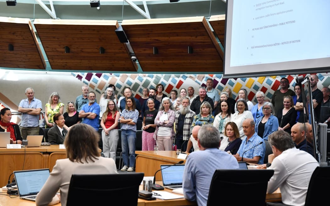 About 80 people attended a Rotorua Lakes Council meeting in November, most of them for a petition opposing a resource consent application. Photo / Laura Smith