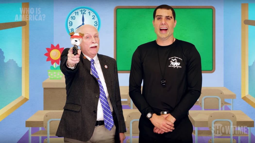 Philip Van Cleave and Erran Morad help promote firearms to toddlers in Who Is America?