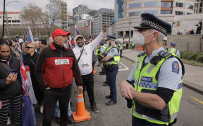 Anti-government protesters in Wellington, marching towards Parliament on 23 August 2022.