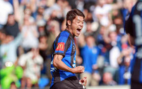 Auckland FC's Hiroki Sakai celebrates.