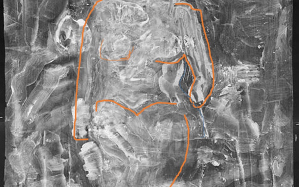 An X-Ray of the base layer of a Frances Hodgkins painting, with orange lines superimposed to identify the shape of a figure underneath layers of paint.