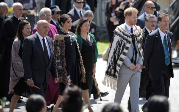 Prince Harry and Meghan, the Duke and Duchess of Sussex are, welcomed to Te Papaiouru Marae in Rotorua