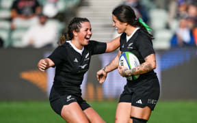 Katelyn Vahaakolo of New Zealand celebrates her stunning try
for New Zealand against the Walloroos in the Pacific Four Series and Laurie O’Reily Cup match at North Harbour Stadium.
