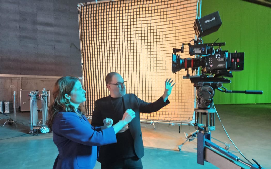 Stone Street Studios in Miramar, where Nicola Willis is announcing film subsidy expansion on 16 May, 2025. Pictured with film producer Carlos Ramirez Laloli