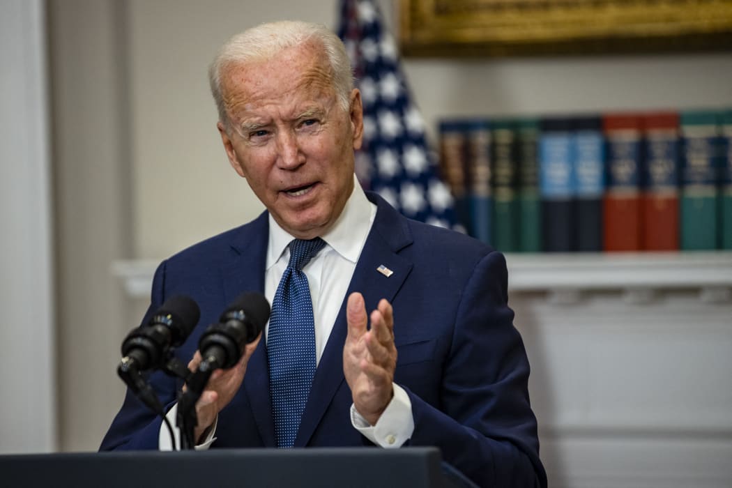 US President Joe Biden speaks in the Roosevelt Room on the continuing situation in Afghanistan.