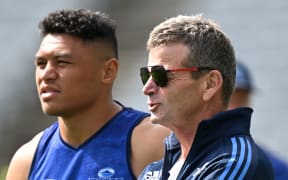 Caleb Clarke and Blues chairman Don Mackinnon.
Blues Super Rugby Pacific Captain's Run and training session at Eden Park, Auckland, New Zealand. Friday 22 March 2024. © Photo credit: Andrew Cornaga / www.photosport.nz