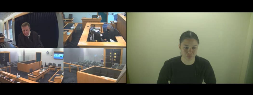 Justice Venning, top left, at the sentencing of Natalie Bracken, right, via audio visual link at the High Court in Auckland on Friday 1 October 2021.