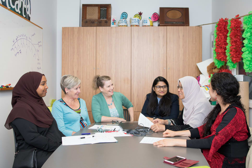 Widows of Shuhada production team. L-R: Narrator: Asha Abdi, Lead Producer: Lana Hart, Executive Producer: Nicki Reece, Production Assistant: Asma Azhar, Religious and Cultural Advisor: Jumayah Jones, Social Documentary Photographer: Janneth Gil