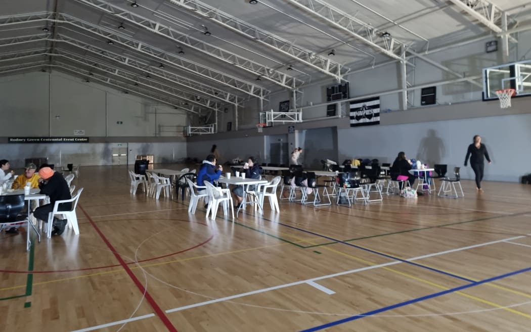 People at the Rodney Green evacuation centre in Napier after Cyclone Gabrielle hit Hawke's Bay.