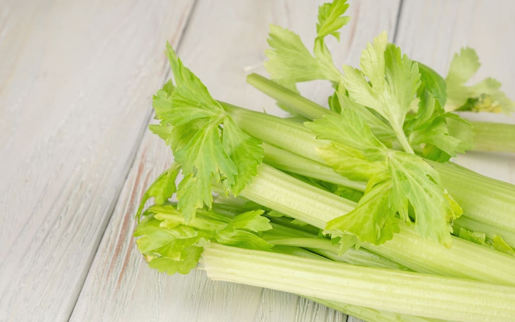 Bunch of fresh celery stalk with leaves on a wooden background.