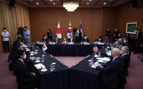 Kim Gunn, South Korea's new special representative for Korean Peninsula peace and security affairs, his US counterpart Sung Kim and Japanese counterpart Takehiro Funakoshi attend their meeting at the Foreign Ministry in Seoul on June 3, 2022.