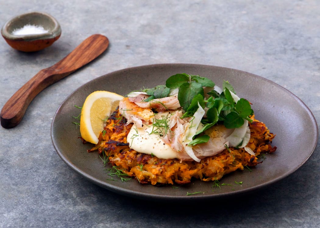Kumara and Sauerkraut Rosti with Smoked Fish and Horseradish Cream