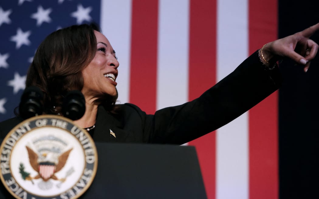 KALAMAZOO, MICHIGAN - JULY 17: US Vice President Kamala Harris attends a moderated conversation with former Trump administration national security official Olivia Troye and former Republican voter Amanda Stratton on July 17, 2024 in Kalamazoo, Michigan. Harris' visit, following the attempted assassination of former President Trump, makes this her fourth trip to Michigan this year and seventh visit since taking office.   Chris duMond/Getty Images/AFP (Photo by Chris duMond / GETTY IMAGES NORTH AMERICA / Getty Images via AFP)