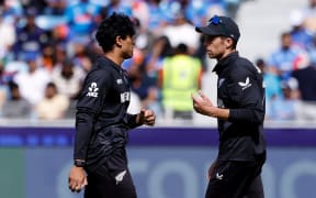 Rachin Ravindra and Mitchell Santner (right) were both named in the Champions Trophy tournament team.
