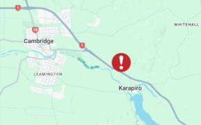 A screenshot showing a crash on State Highway 1 south of Cambridge.