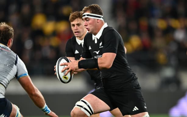 Sam Darry on the charge for the All Blacks.