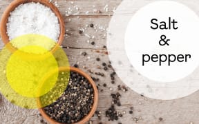The words "Salt and Pepper" is superimposed over abstract shapes resembling plates and textured background.