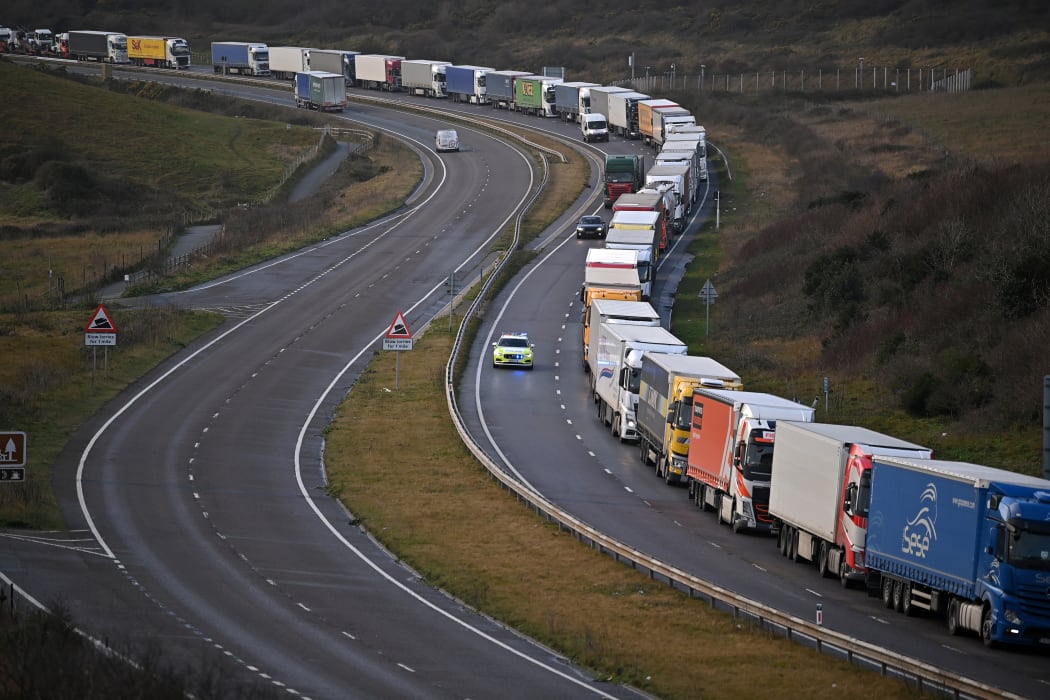 The Dover Traffic Access Protocol (TAP) scheme on the A20 is seen in action as freight lorries queue on the main route into the port of Dover on the south coast of England on December 17, 2020.