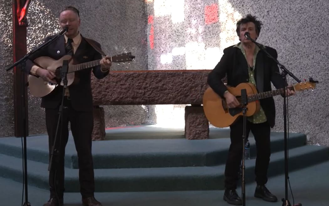 Delaney Davidson and Barry Saunders at the Futuna Chapel , Wellington.