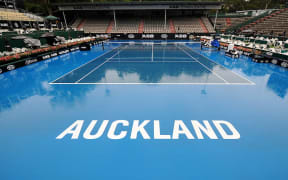 Rain falls on centre court at the ASB Tennis Classic.
