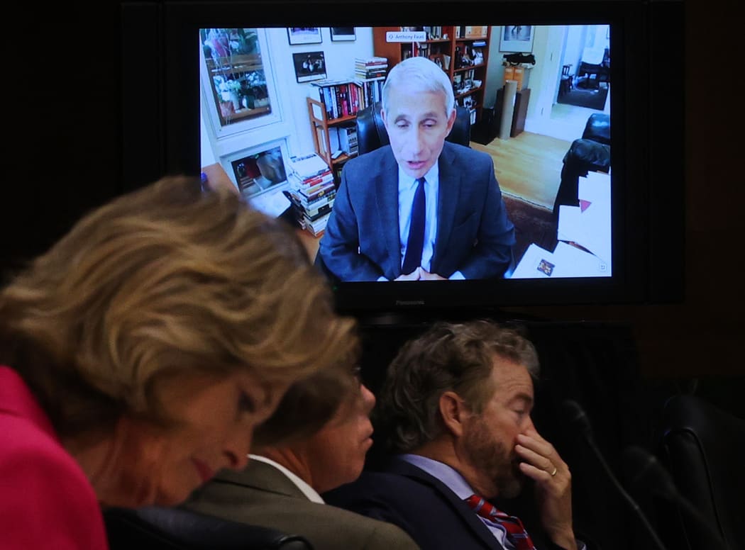 Senators listen to Dr. Anthony Fauci, director of the National Institute of Allergy and Infectious Diseases speak remotely during a Senate Health, Education, Labor and Pensions Committee hearing on Capitol Hill on 12 May 2020 in Washington, DC.
