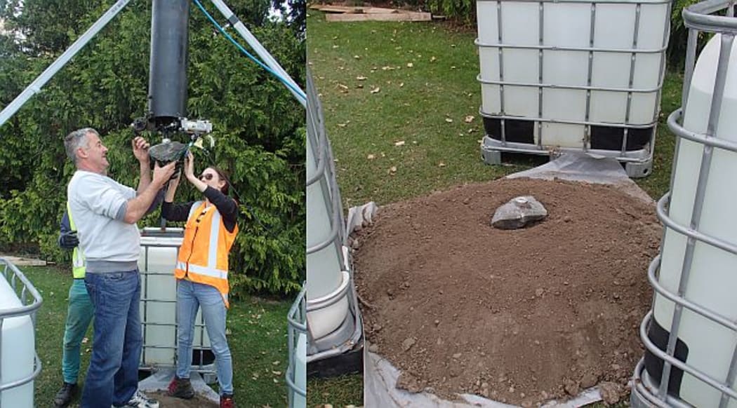 The pneumatic cannon (left) fires a rock towards the ground using compressed air. The rock made a small crater as it impacted (right) - the water-filled bladders prevent the cannon lifting off the ground as it fires
