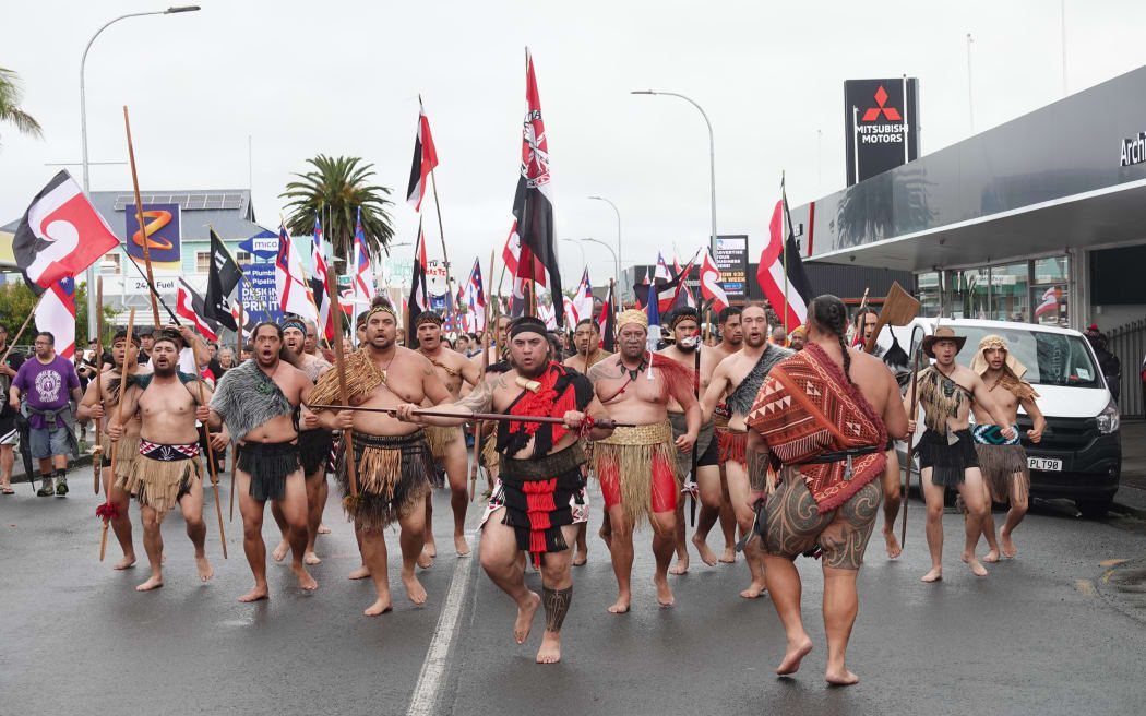 Kairakau lead the hīkoi down Kaitāia’s Commerce Street.