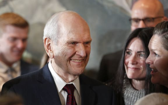 SALT LAKE CITY, UT - JANUARY 16: President Russell M. Nelson of the Church of Jesus Christ of Latter -Day Saints is greeted by family members after a press conference to announce Nelson was the 17th president of the Mormon Church on January 16, 2017 in Salt Lake City, Utah. Nelson who is 93, replaced Thomas S. Monson as president after his death a couple weeks ago.   George Frey/Getty Images/AFP (Photo by GEORGE FREY / GETTY IMAGES NORTH AMERICA / Getty Images via AFP)