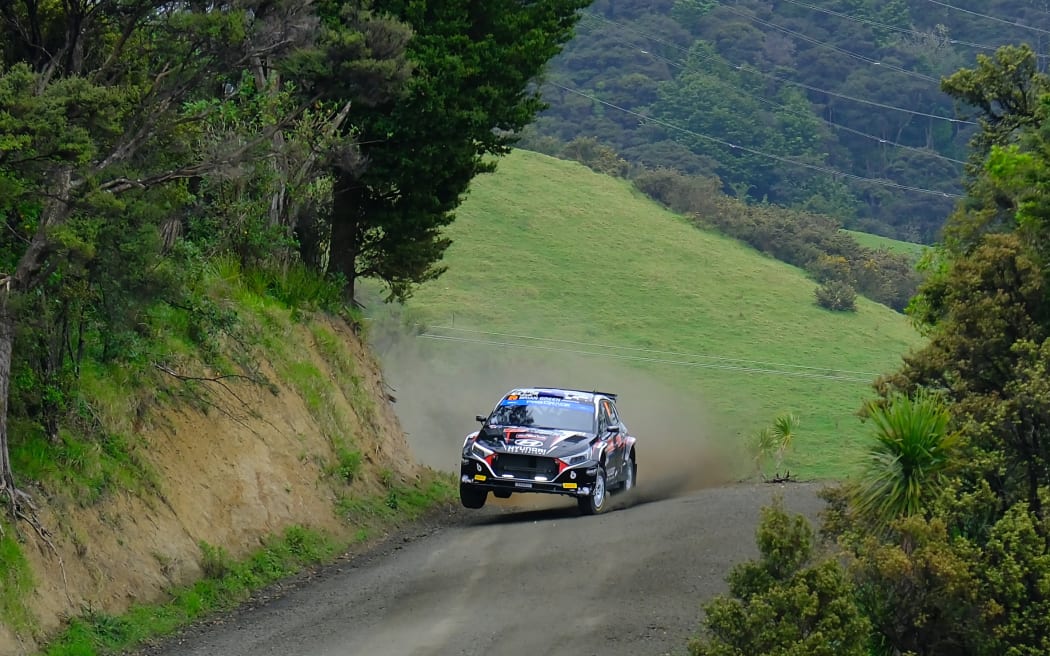 Hayden Paddon gets airborne during the 2022 Rally of New Zealand.