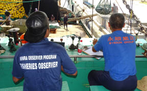 Monitors observing a purse seiner unloading in Majuro