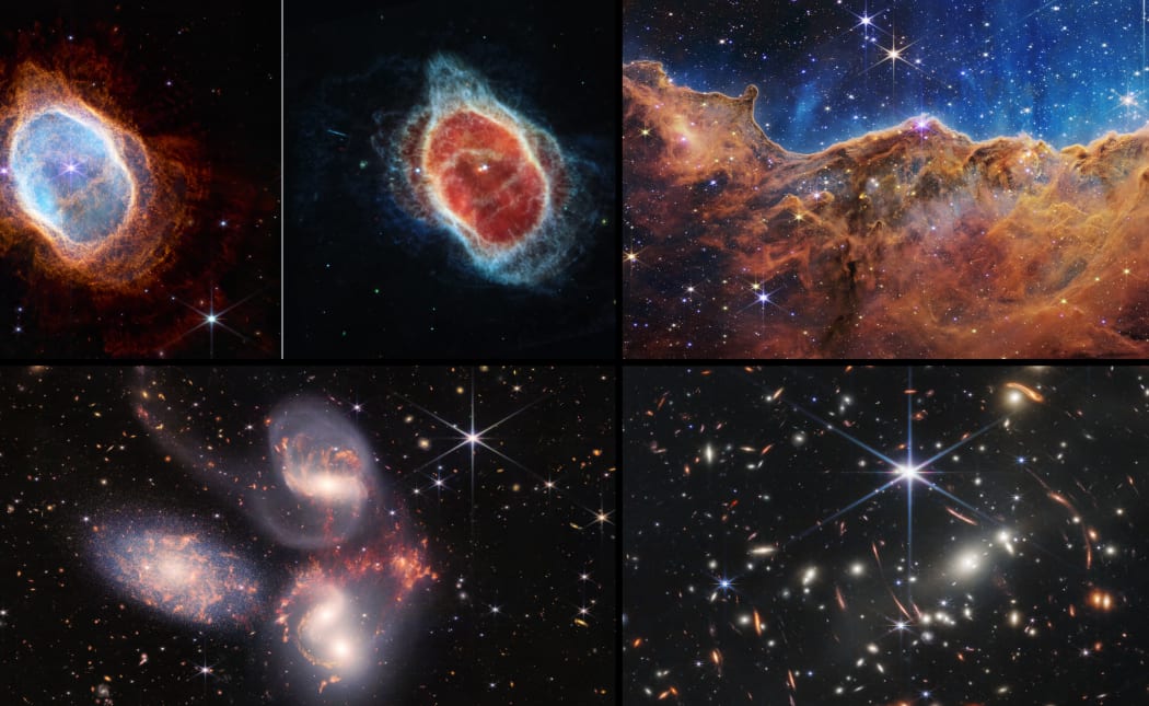 This handout composite image by NASA/ESA relased on July 12, 2022 shows the dawn of a new era in astronomy has begun as the world gets its first look at the full capabilities of the NASA/ESA/CSA James Webb Space Telescope. The telescope’s first full-colour images and spectroscopic data, which uncover a spectacular collection of cosmic features that have remained elusive. - The James Webb Space Telescope launched on 25 December 2021, on an Ariane 5 rocket from Europe’s Spaceport in French Guiana, South America. After completing the most complex and difficult deployment sequence in space, Webb underwent months of commissioning where its mirrors were painstakingly aligned, and its instruments were calibrated to its space environment and prepared for science. (Photo by Handout / ESA/Webb / AFP)