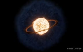As that gas expanded and cooled off, the heavy elements in this gas condensed into cold dust over the next year. There is a hot circumstellar disk of molecular gas closer to the star.