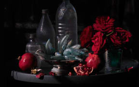 My Mother's Roses, Pomegranates and Silver Platter of Ihumoana, Ripiro Beach 2013 by Fiona Pardington