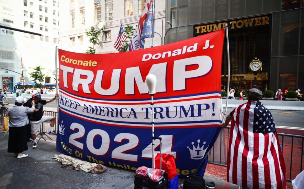 Donald Trump supporters demonstrate in front of Trump Tower building a day after the former U.S. President has been injured during shooting at campaign rally at the Butler Farm Show in Butler, Pennsylvania. New York City, United States of America on July 14th, 2024. (Photo by Beata Zawrzel/NurPhoto) (Photo by Beata Zawrzel / NurPhoto / NurPhoto via AFP)