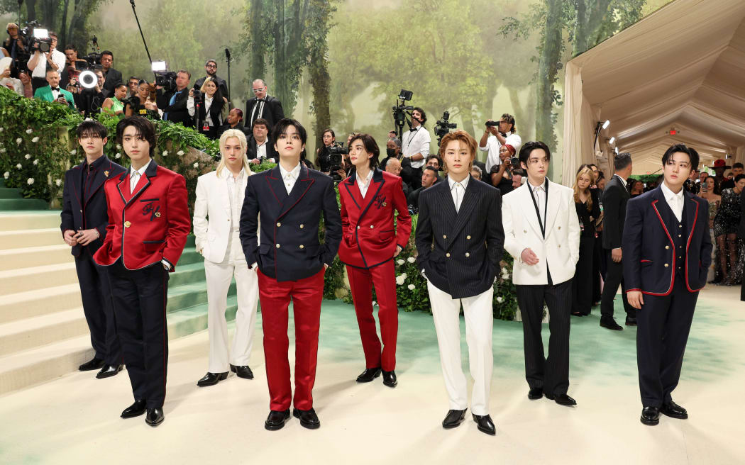 NEW YORK, NEW YORK - MAY 06: (L-R) Bang Chan, Han, Felix, Seungmin, Hyunjin, I.N, Lee Know and Changbin of Stray Kids attends The 2024 Met Gala Celebrating "Sleeping Beauties: Reawakening Fashion" at The Metropolitan Museum of Art on May 06, 2024 in New York City. (Photo by Dia Dipasupil/Getty Images)