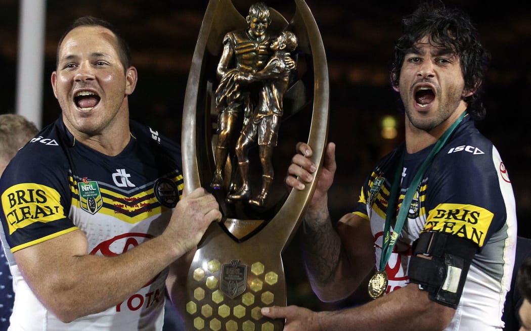 Matthew Scott and Johnathan Thurston Cowboys co-captains with the trophy
Broncos v Cowboys NRL Grand Final. 2015.