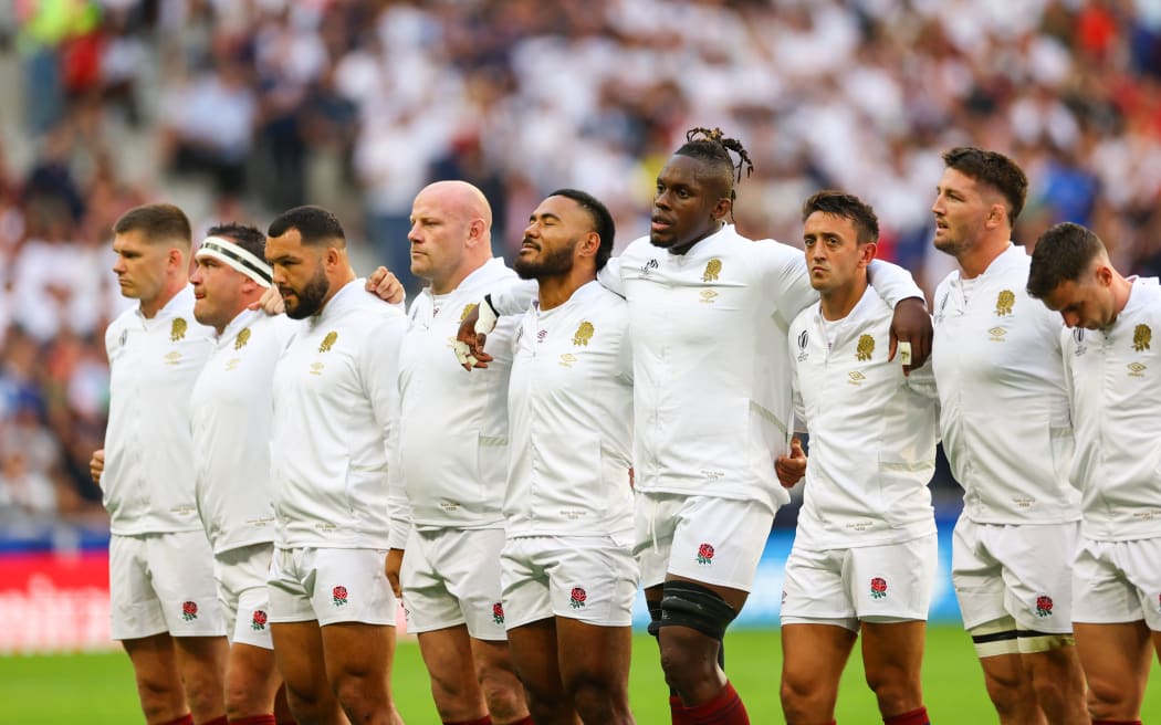 The England team stand for the national anthem at their match against Samoa at Stade Pierre Mauroy, Lille, France on 7 October, 2023.