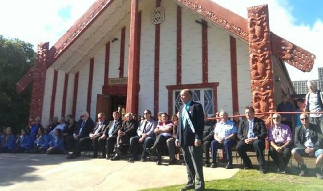 Edward Ellison speaking on Otakou marae on Otago peninsula during Ngai Tahu Treaty of Waitangi festival.
